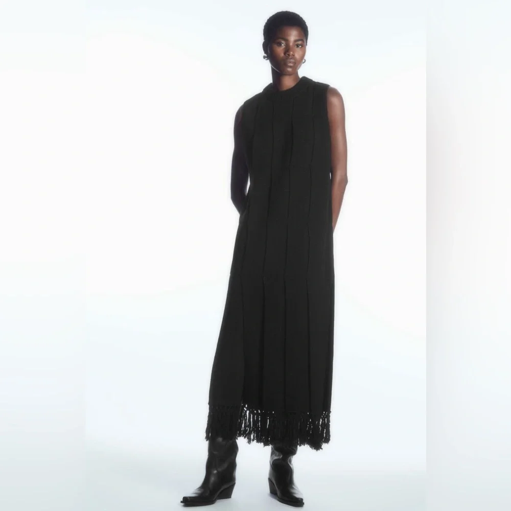 COS Fringed Panelled Wool Midi Dress black tassel knit  designer minimal sweater - Picture 4 of 15